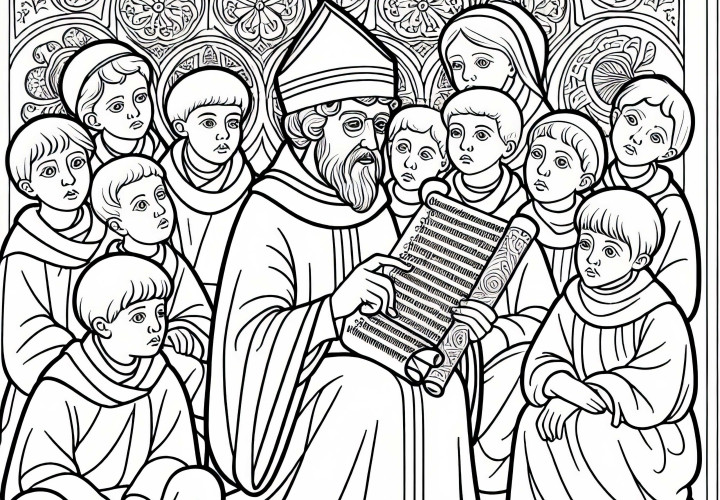Crianças ouvem o monge explicando o pergaminho - Desenho para colorir de Carlos Magno grátis
