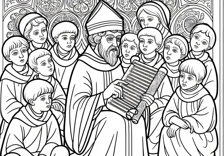 Дети слушают монаха, который объясняет свиток – Раскраска Карл Великий бесплатно