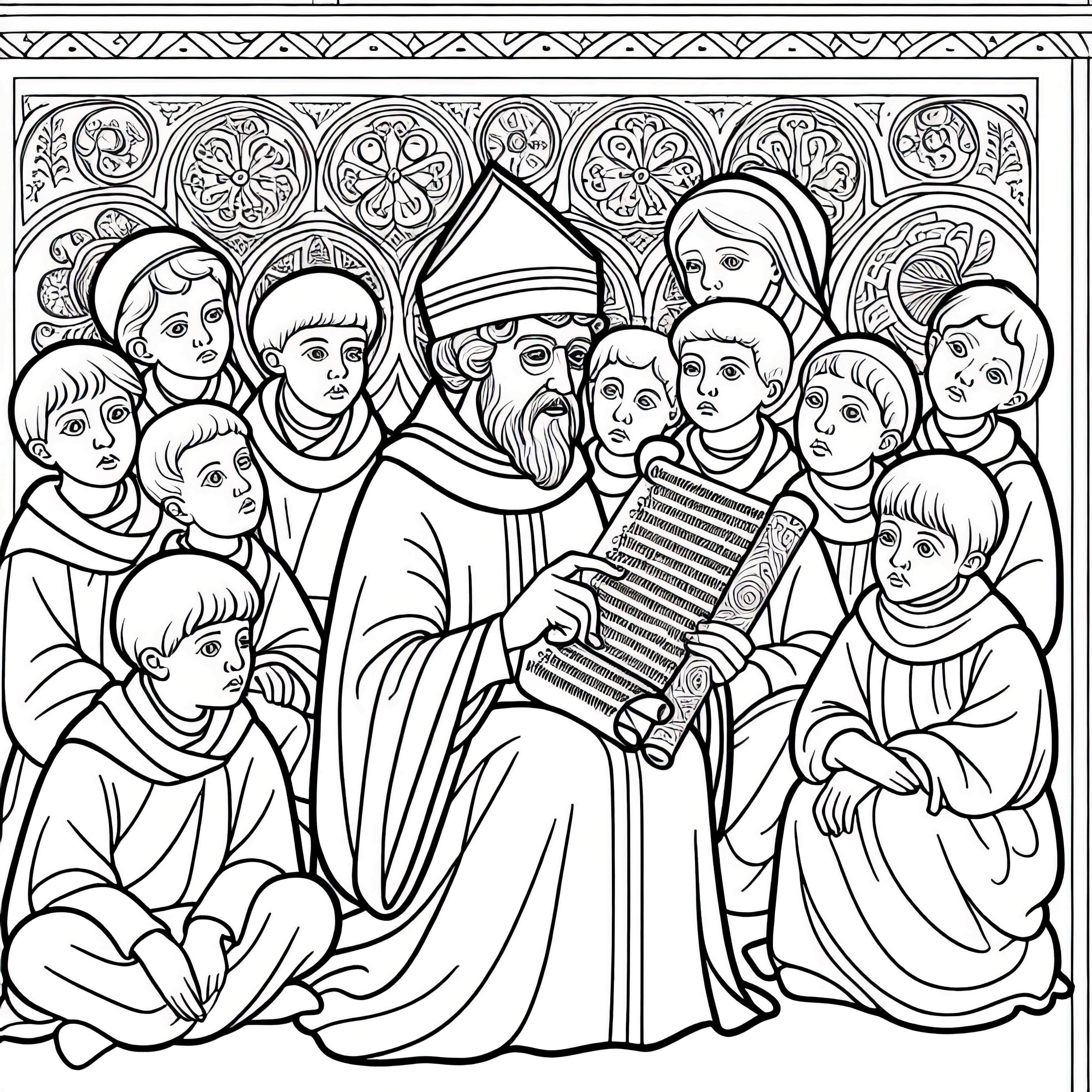 Crianças ouvem o monge explicar o pergaminho – Desenho para colorir Carlos Magno grátis