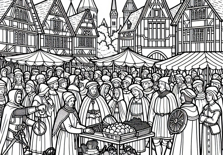 Desenho para colorir dia de mercado na cidade carolíngia com Carlos Magno para download gratuito