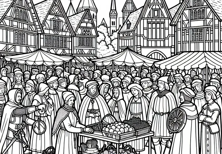Раскраска «Рынок в Каролингском городе с Карлом Великим» доступна для бесплатной загрузки