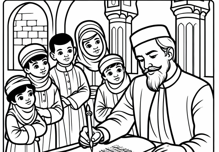 Uomo che disegna caratteri arabi - Modello da colorare cultura islamica gratis