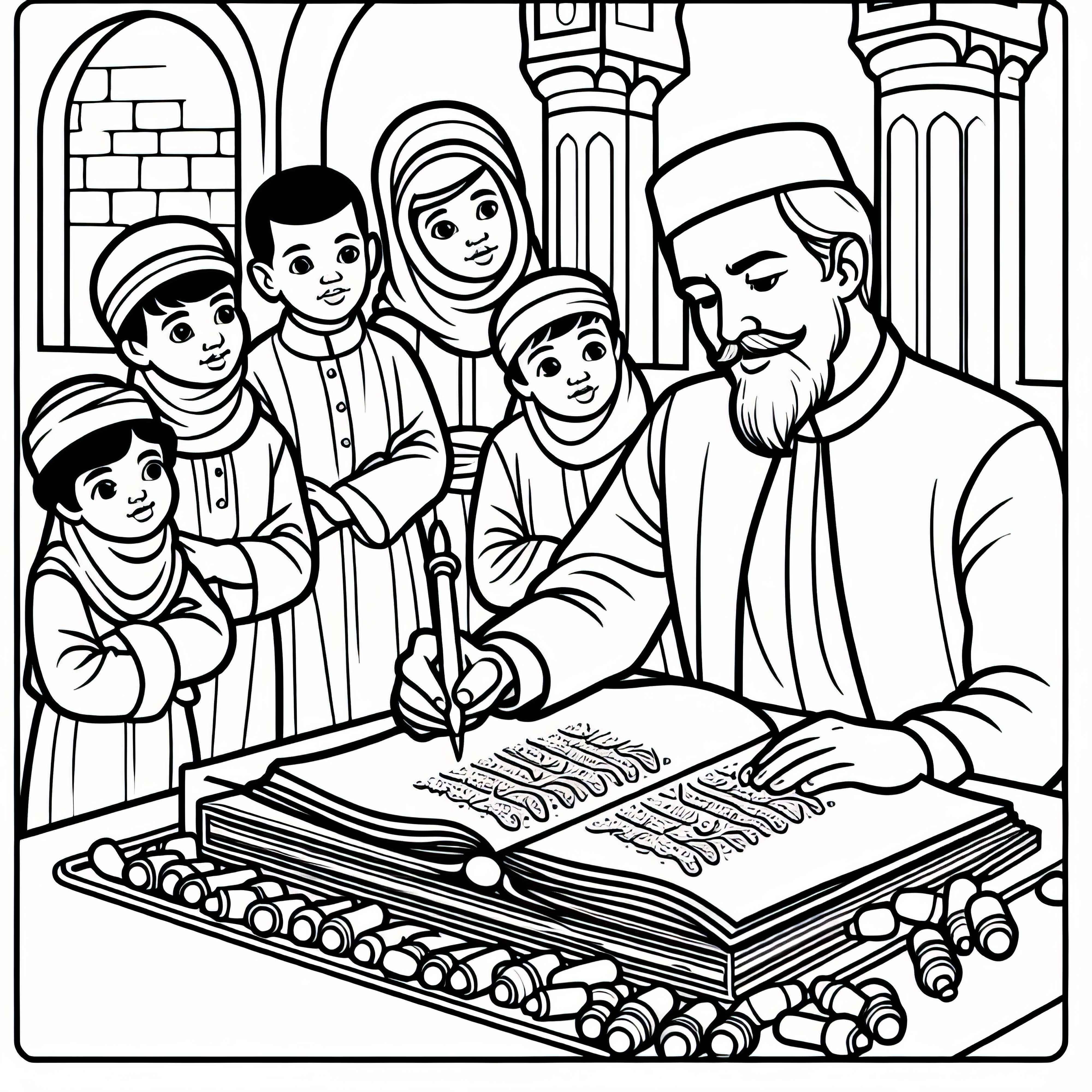 Uomo che disegna caratteri arabi - Modello da colorare cultura islamica gratuito