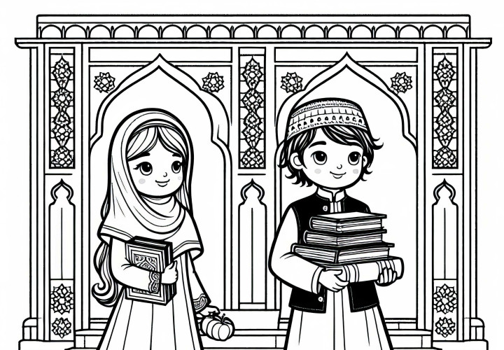 I bambini portano libri nella madrasa - Disegno da colorare cultura islamica