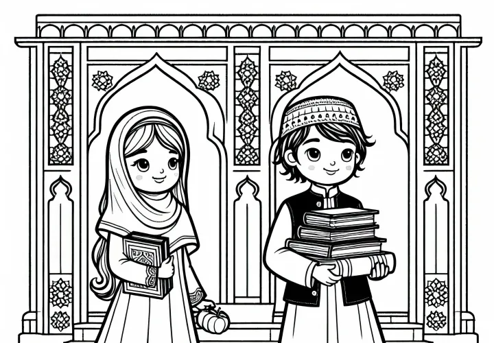 Дети несут книги в медресе – Раскраска исламской культуры