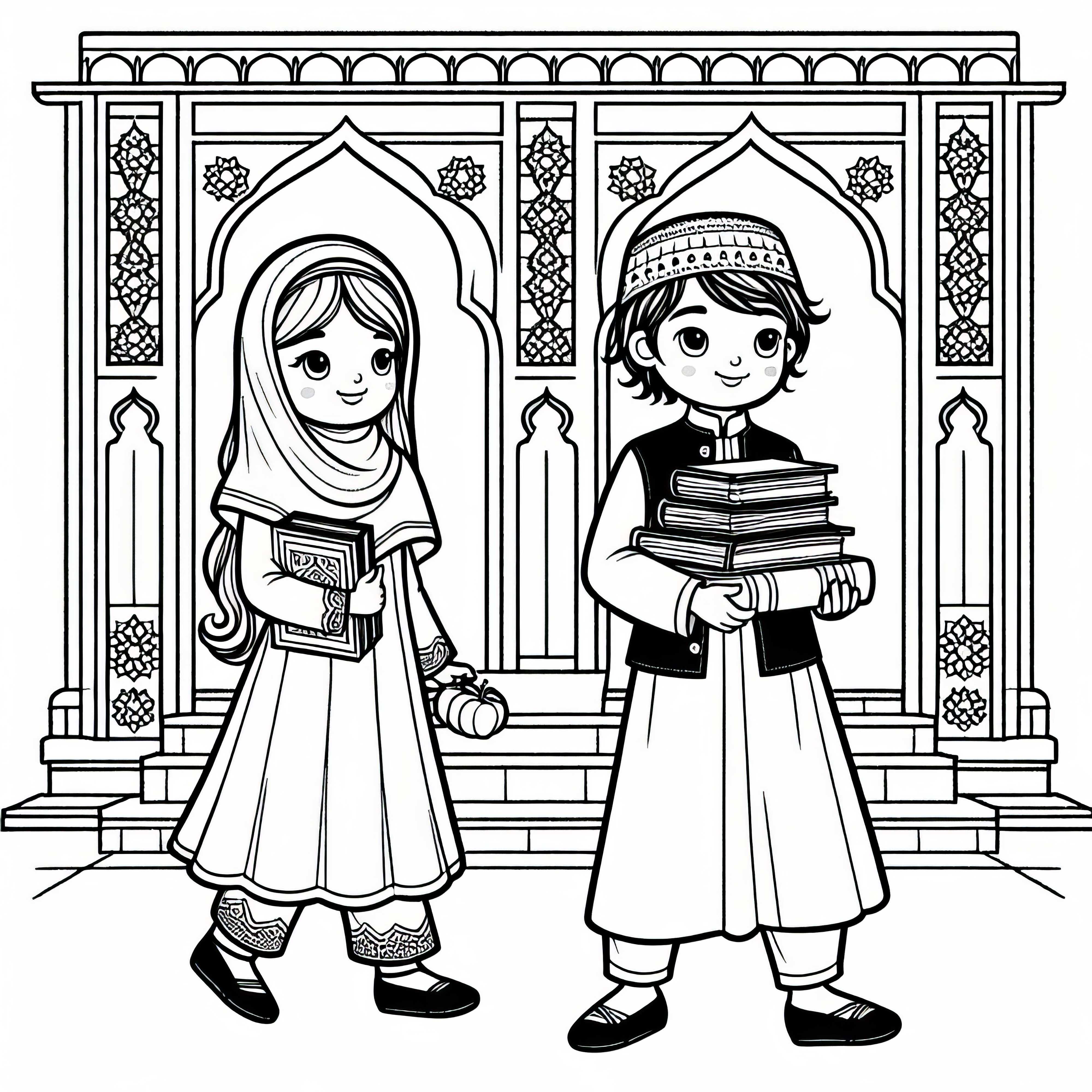I bambini portano libri nella medrese &ndash; Disegno da colorare cultura islamica