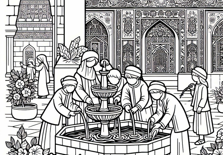 Fontana nel cortile - Modello da colorare cultura islamica gratis