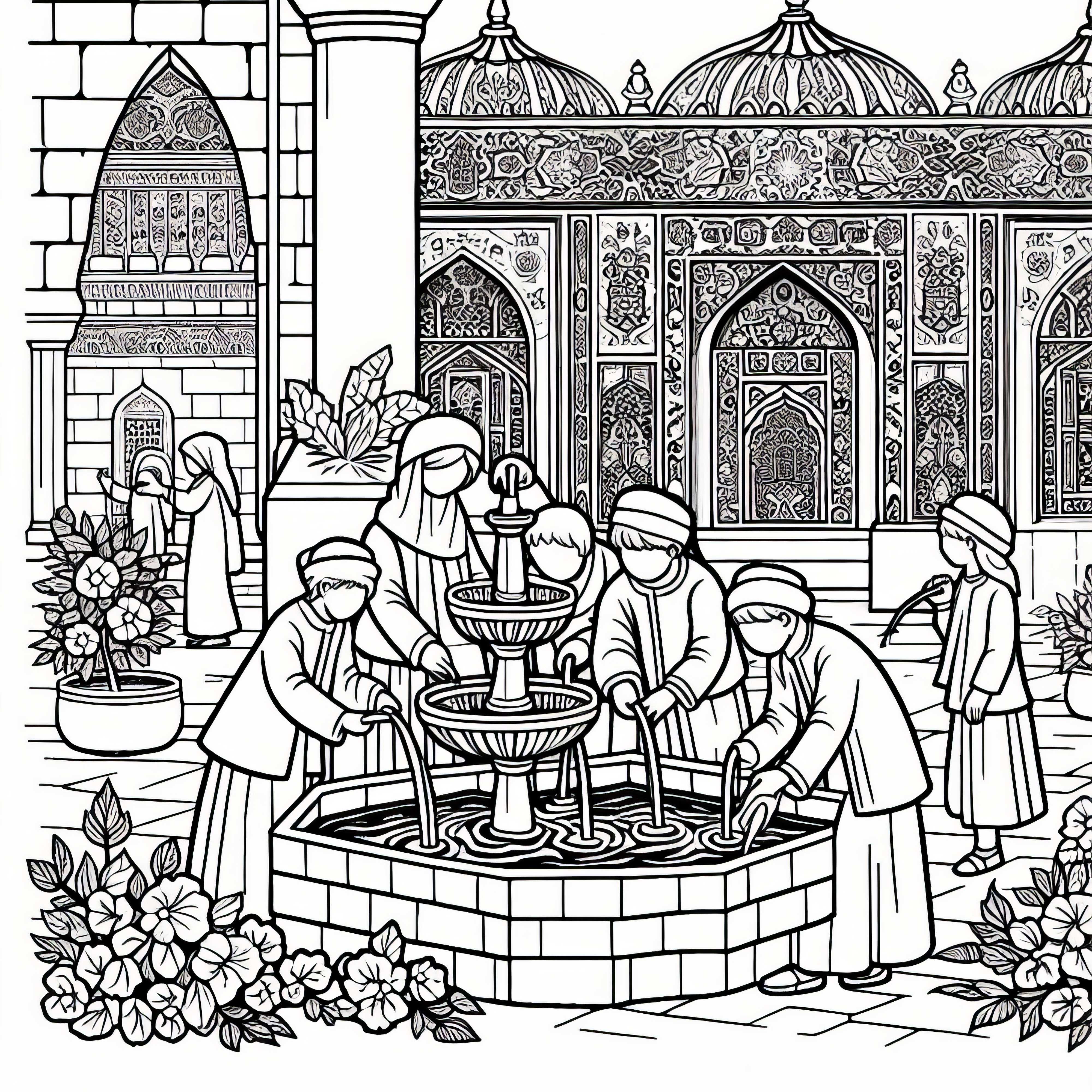 Fontana nel cortile &ndash; Disegno da colorare cultura islamica gratuito