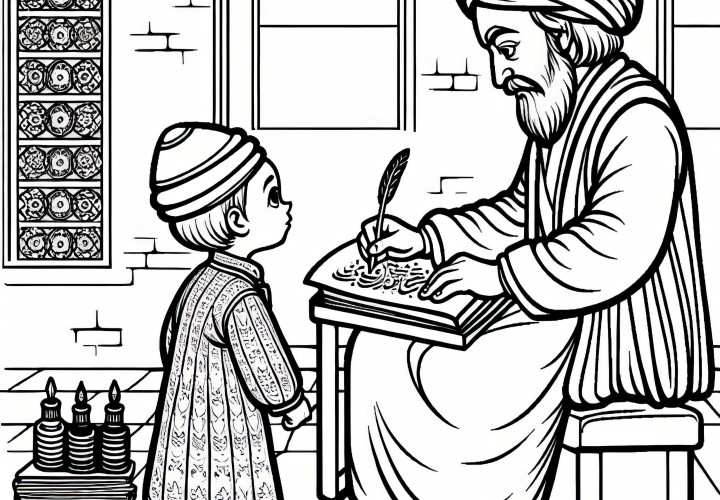 Studioso che scrive con inchiostro - Disegno da colorare cultura islamica gratuito