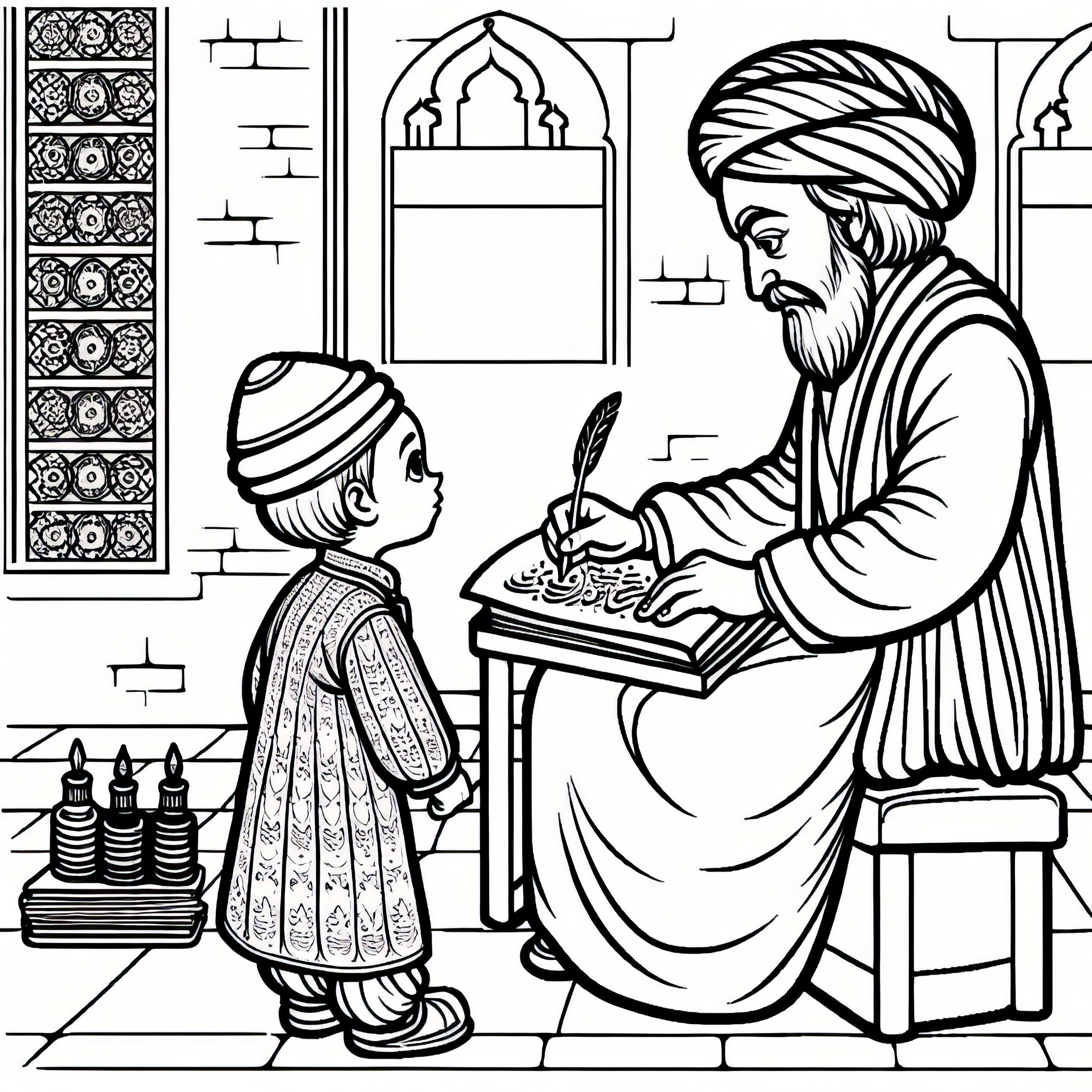 Studioso mentre scrive con inchiostro &ndash; Immagine da colorare cultura islamica gratuita