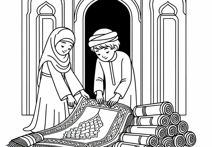 I bambini aiutano a arrotolare i tappeti da preghiera - Disegno da colorare sulla cultura islamica