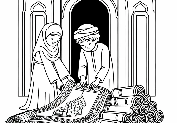 Дети помогают сворачивать молитвенные коврики – раскраска к исламу