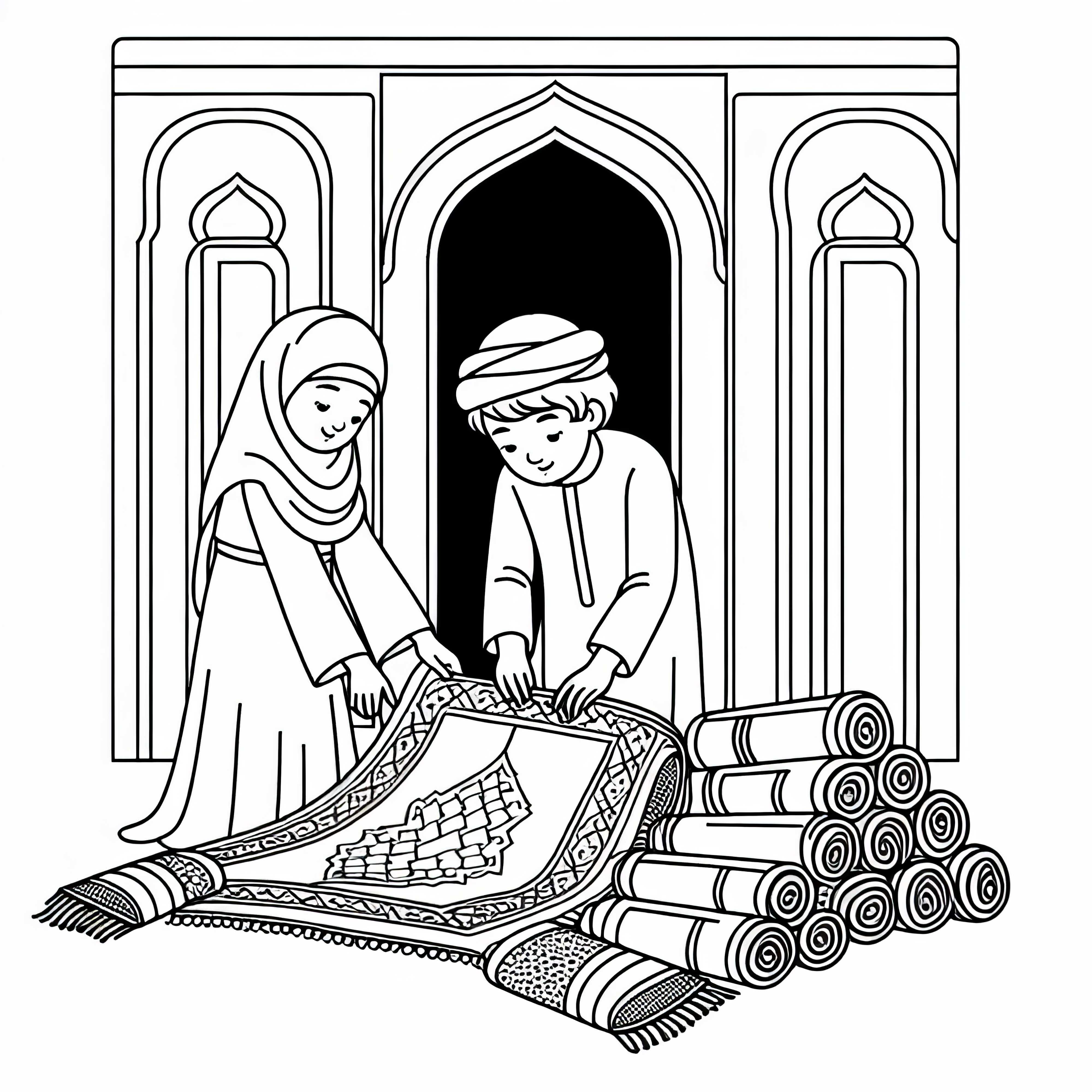 I bambini aiutano a rullare i tappeti da preghiera - Disegno da colorare sulla cultura islamica