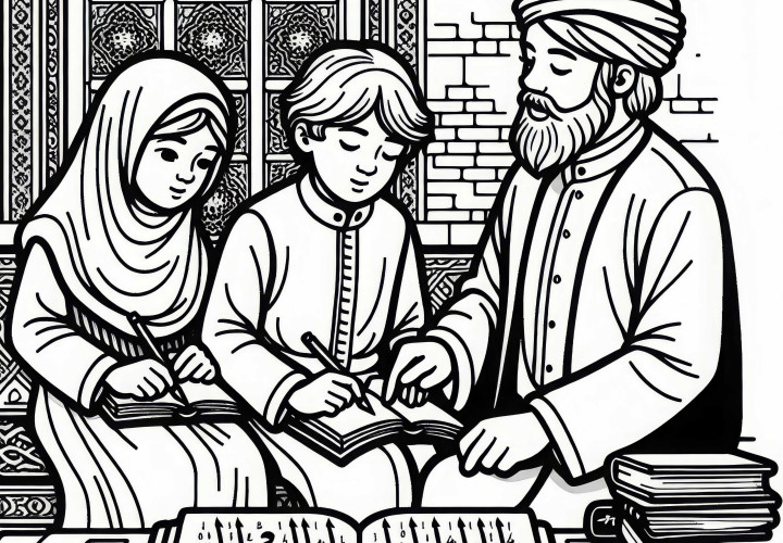 I bambini memorizzano le lettere, accompagnati dall'insegnante – Disegno da colorare cultura islamica gratuito