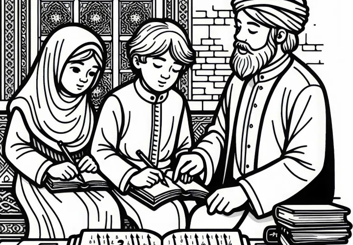 Дети заучивают буквы наизусть, под руководством учителя – раскраска исламской культуры бесплатно