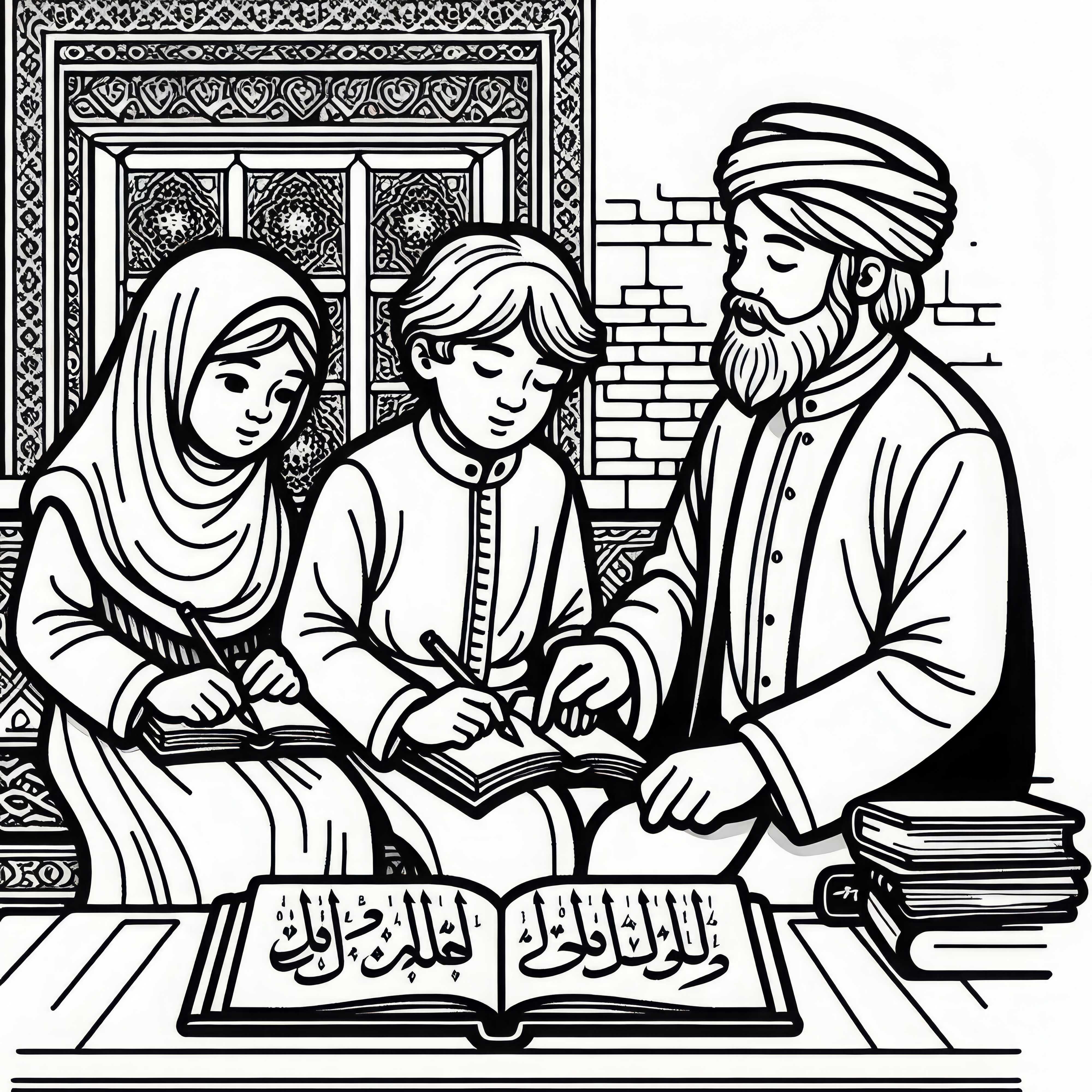 I bambini imparano le lettere a memoria, accompagnati dall'insegnante - Disegno da colorare cultura islamica gratis