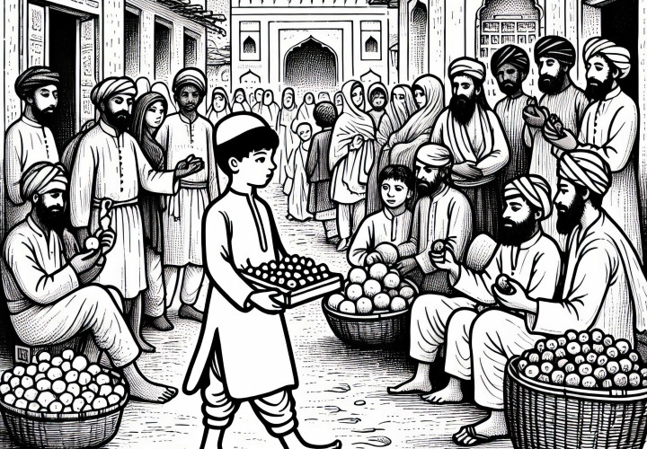 Il bambino porta frutta in un mercato pieno di gente - Immagine da colorare cultura islamica