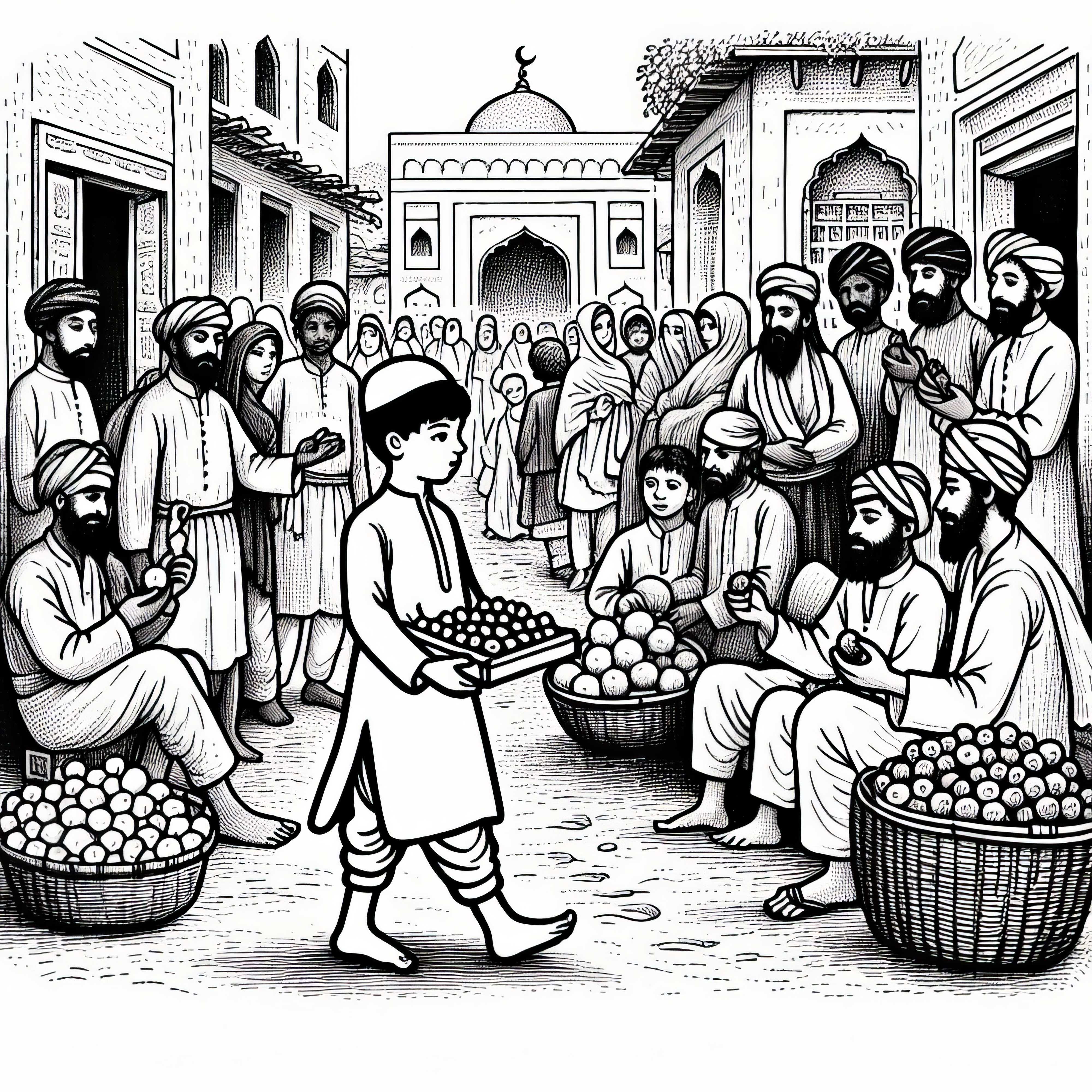 Un bambino porta frutti in un mercato pieno di gente &ndash; Immagine da colorare cultura islamica