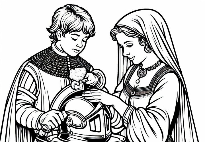 Полировка рыцарского шлема - раскраска эпохи рыцарей бесплатно