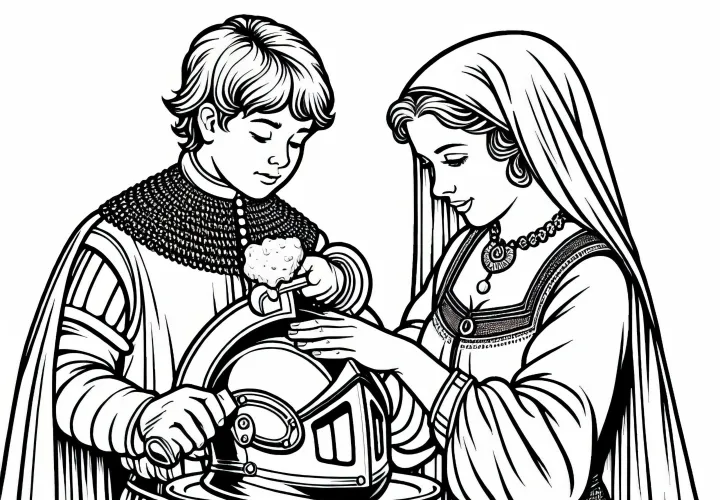 Полировка рыцарского шлема - раскраска эпохи рыцарей бесплатно