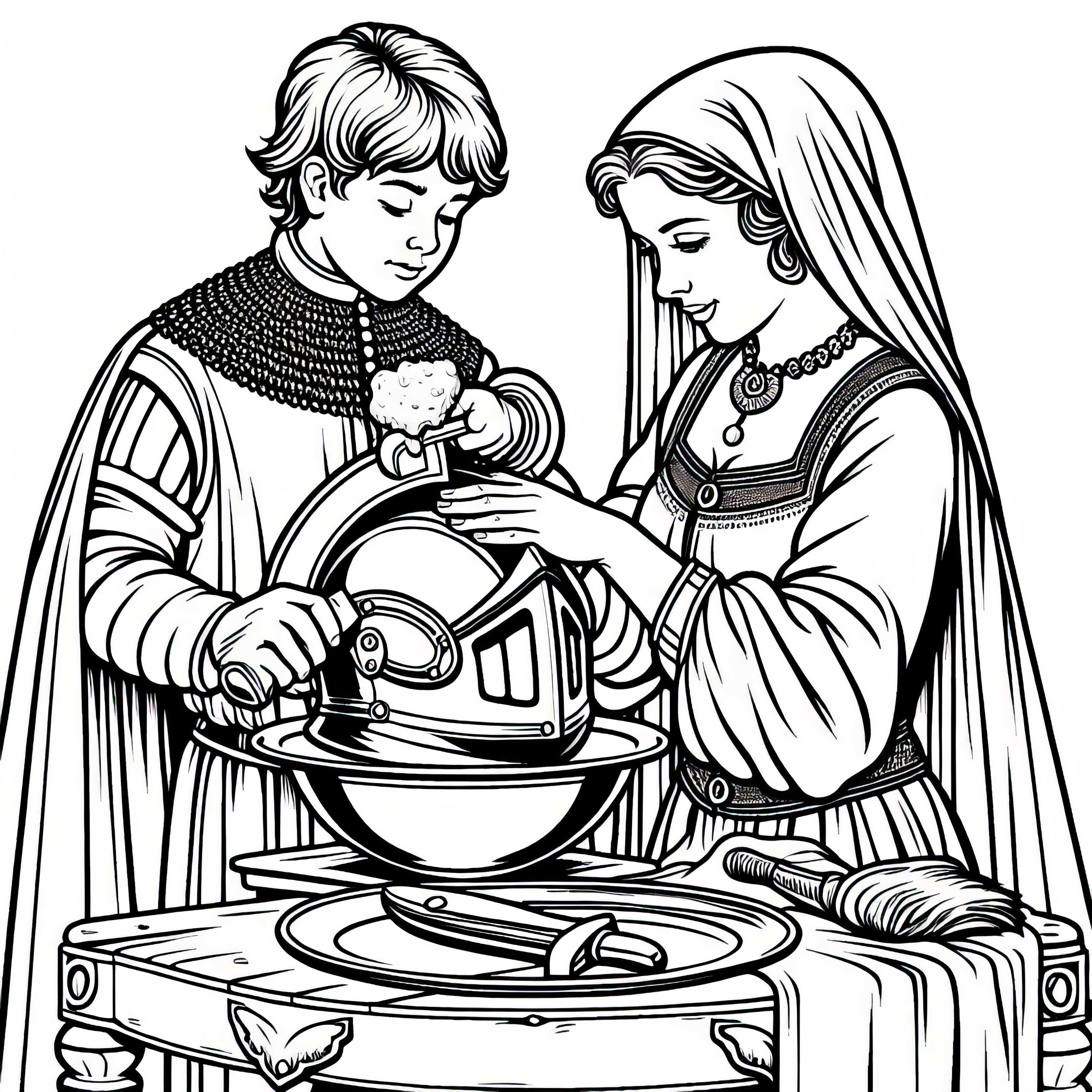 Polering av en ridderhjelm - Fargeleggingsmal for riddertiden gratis