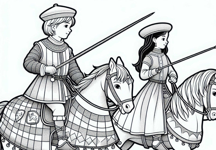 Два ребенка верхом на лошадях и практикуют держание копья – Раскраска на тему рыцарского времени бесплатно