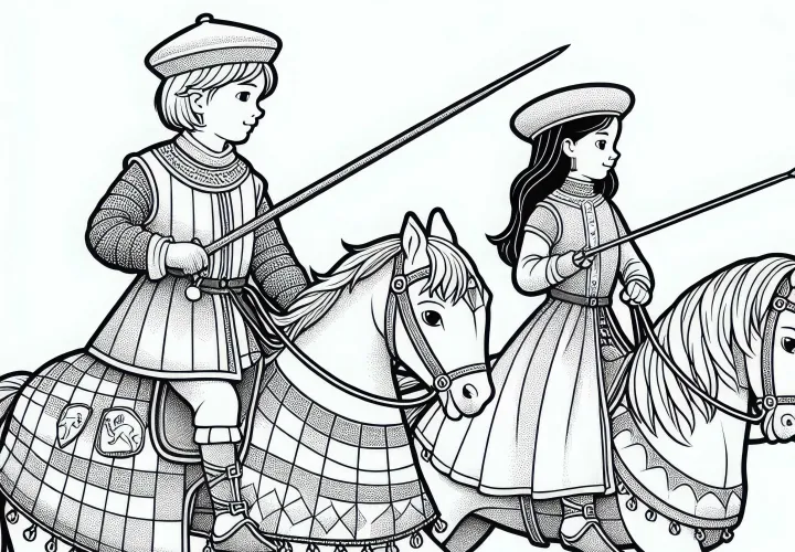 Два ребенка верхом на лошадях и практикуют держание копья – Раскраска на тему рыцарского времени бесплатно
