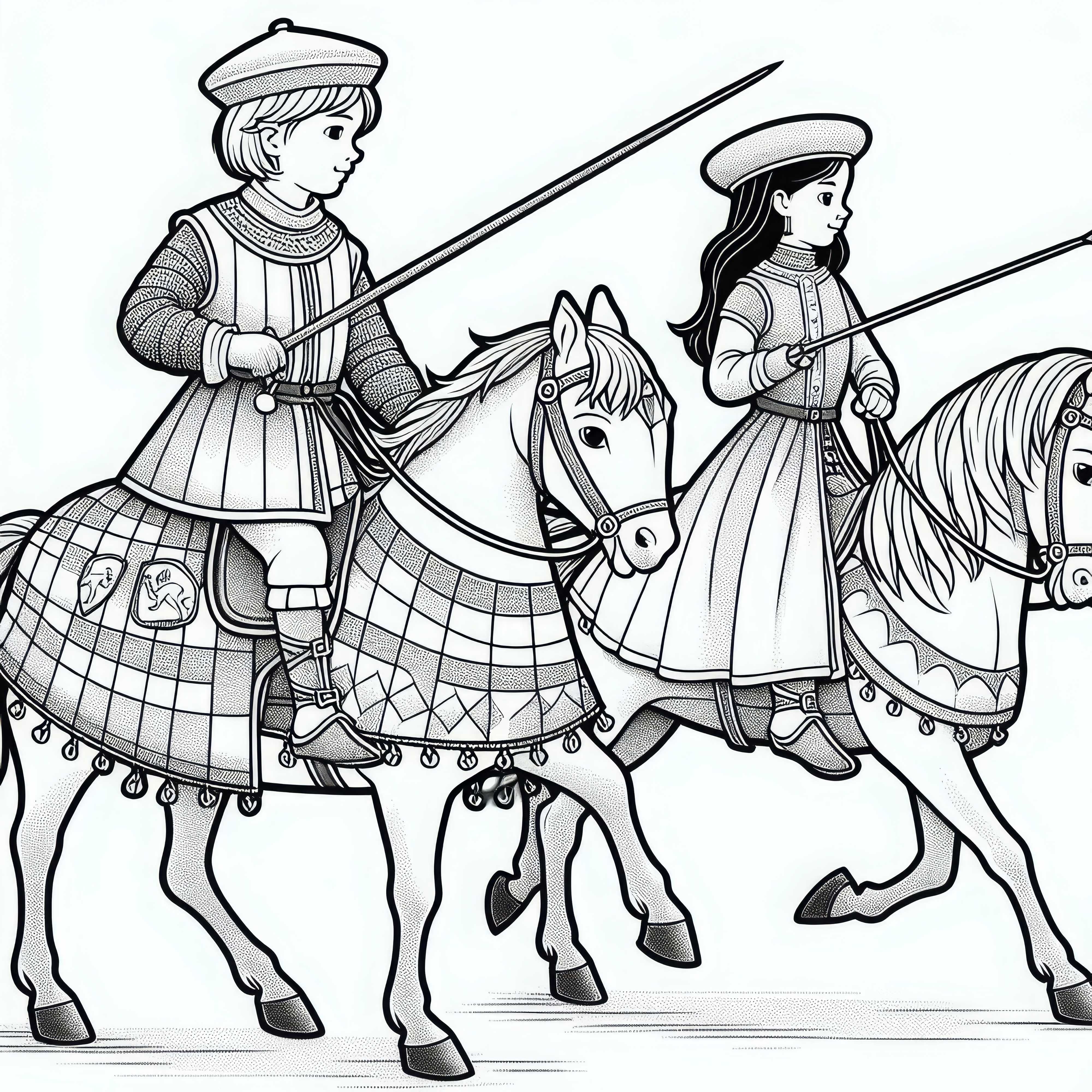 Zwei Kinder Reiten Auf Pferden Und &Uuml;ben Lanzenhaltung &ndash; Malvorlage Ritterzeit Kostenlos