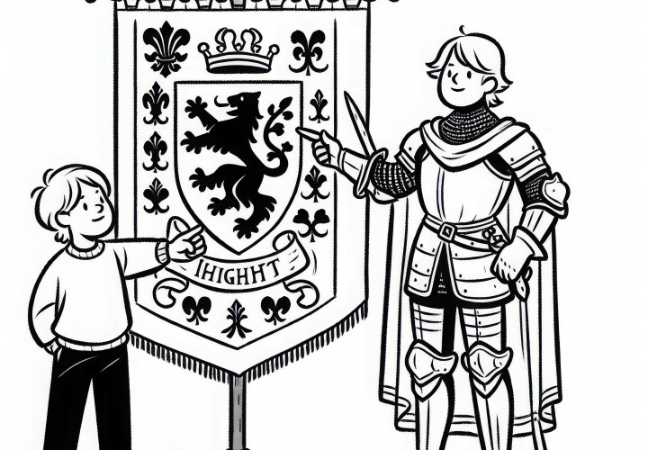 Ребёнок указывает на баннер с семейным гербом – раскраска эпохи рыцарей бесплатно