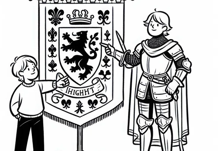 Ребёнок указывает на баннер с семейным гербом – раскраска эпохи рыцарей бесплатно
