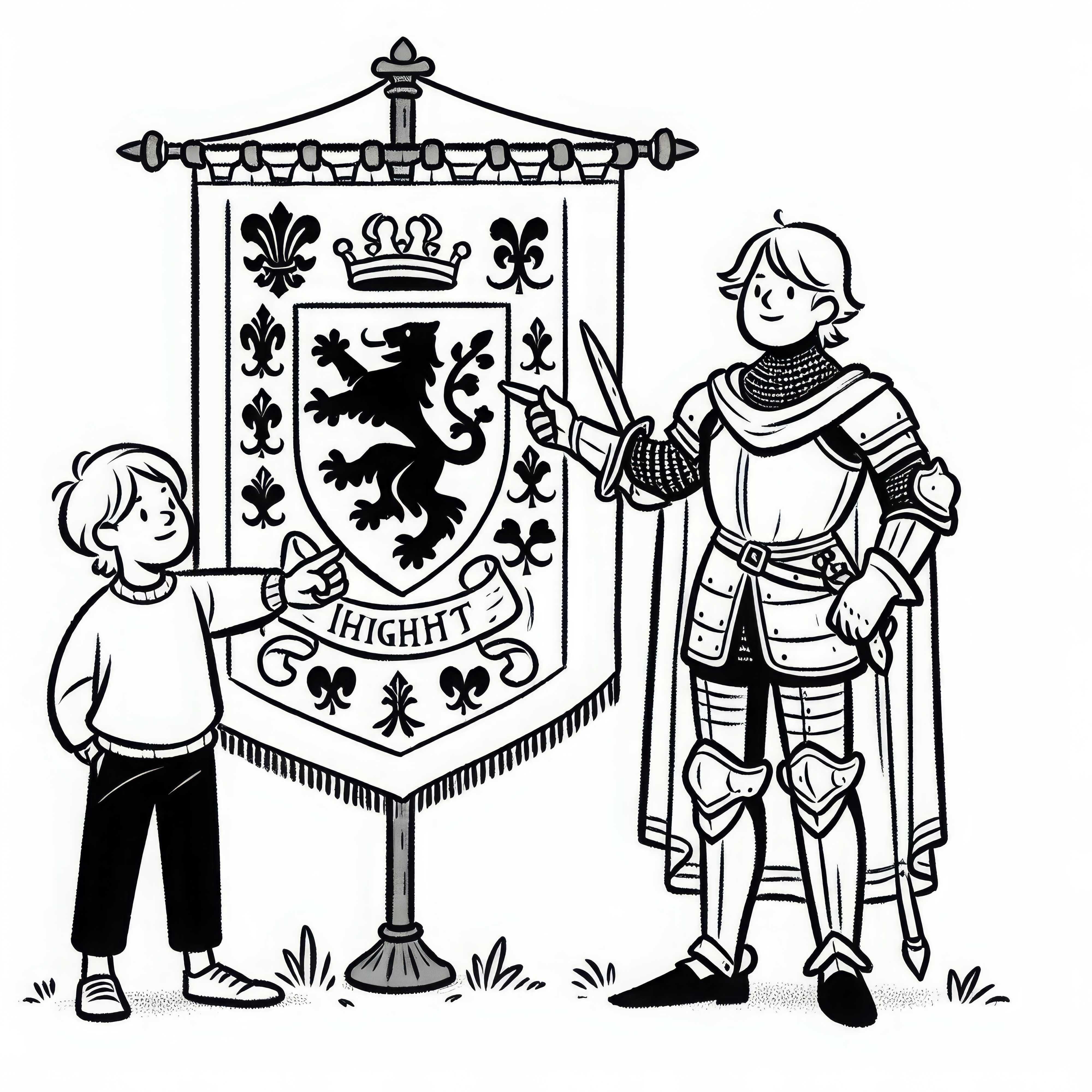 Otrok kaže na banner z družinskim grbom &ndash; brezplačna barvna predloga iz časa vite&scaron;tva