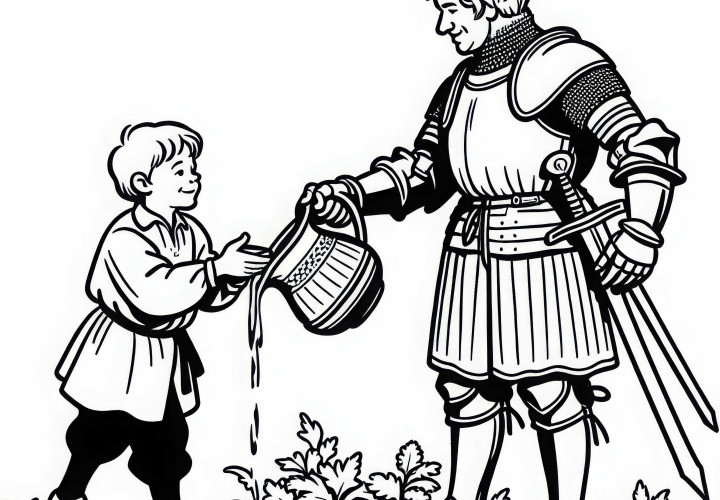 Riddere og gutt – Fargelagt bilde fra riddertiden Gratis