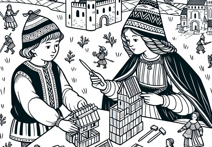 Дети строят из дерева: раскраска миниатюрного замка времён рыцарей бесплатно