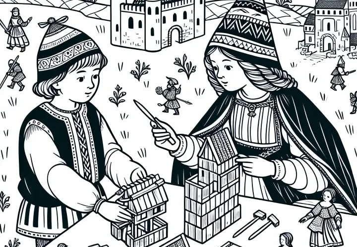 Дети строят из дерева: раскраска миниатюрного замка времён рыцарей бесплатно