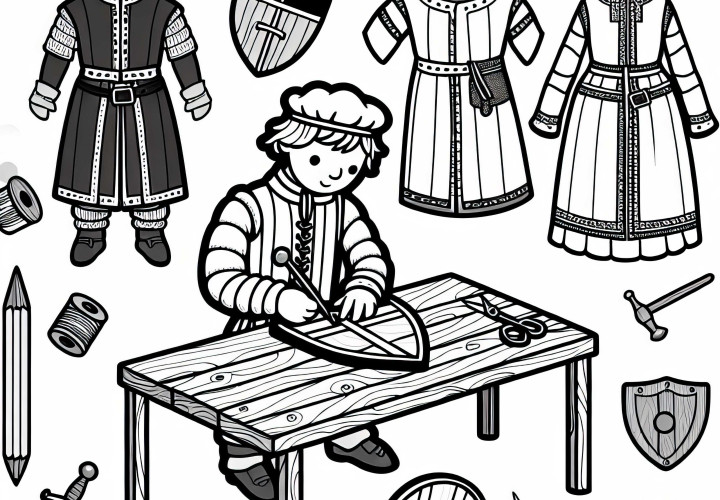 Бесплатные раскраски с деревянными щитами и одеждой из эпохи рыцарей