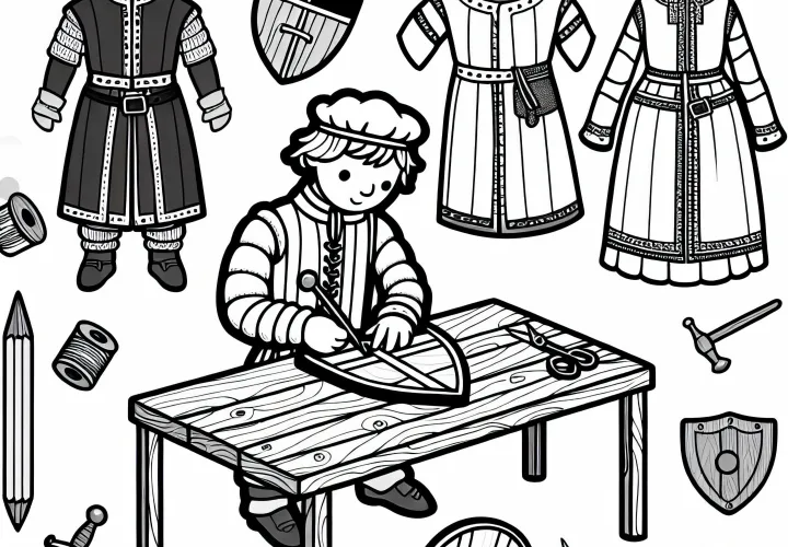 Бесплатные раскраски с деревянными щитами и одеждой из эпохи рыцарей