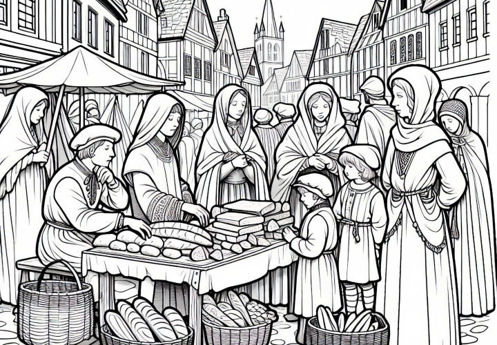 Brødsalg på markedet - Malermal for byliv i middelalderen gratis