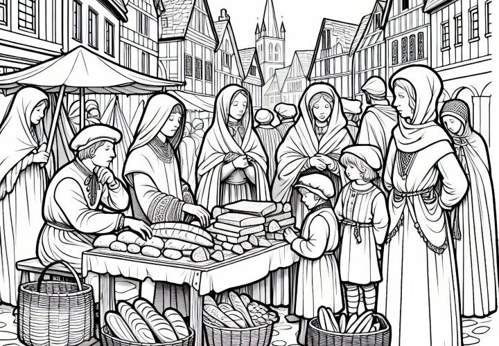 Хлебный прилавок на рынке - раскраска на тему городской жизни в Средние века бесплатно