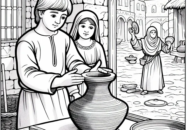 Гончар за работой – бесплатная раскраска "Городская жизнь в Средние века