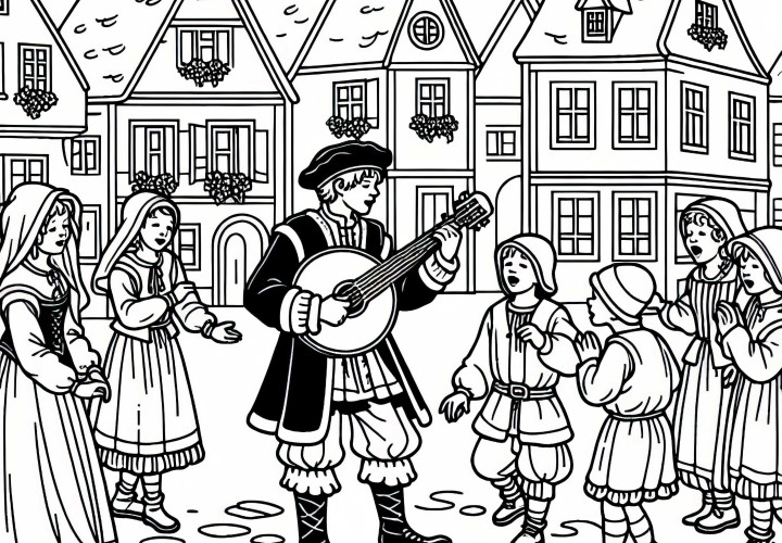 Musikant og barn som danser – Fargeleggingsbilde byliv i middelalderen gratis