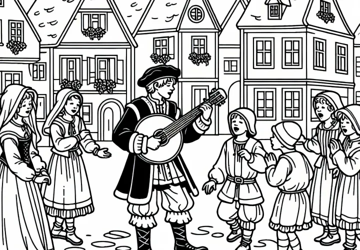 Музыкант и дети, которые танцуют – Раскраска «Городская жизнь Средневековья» бесплатно
