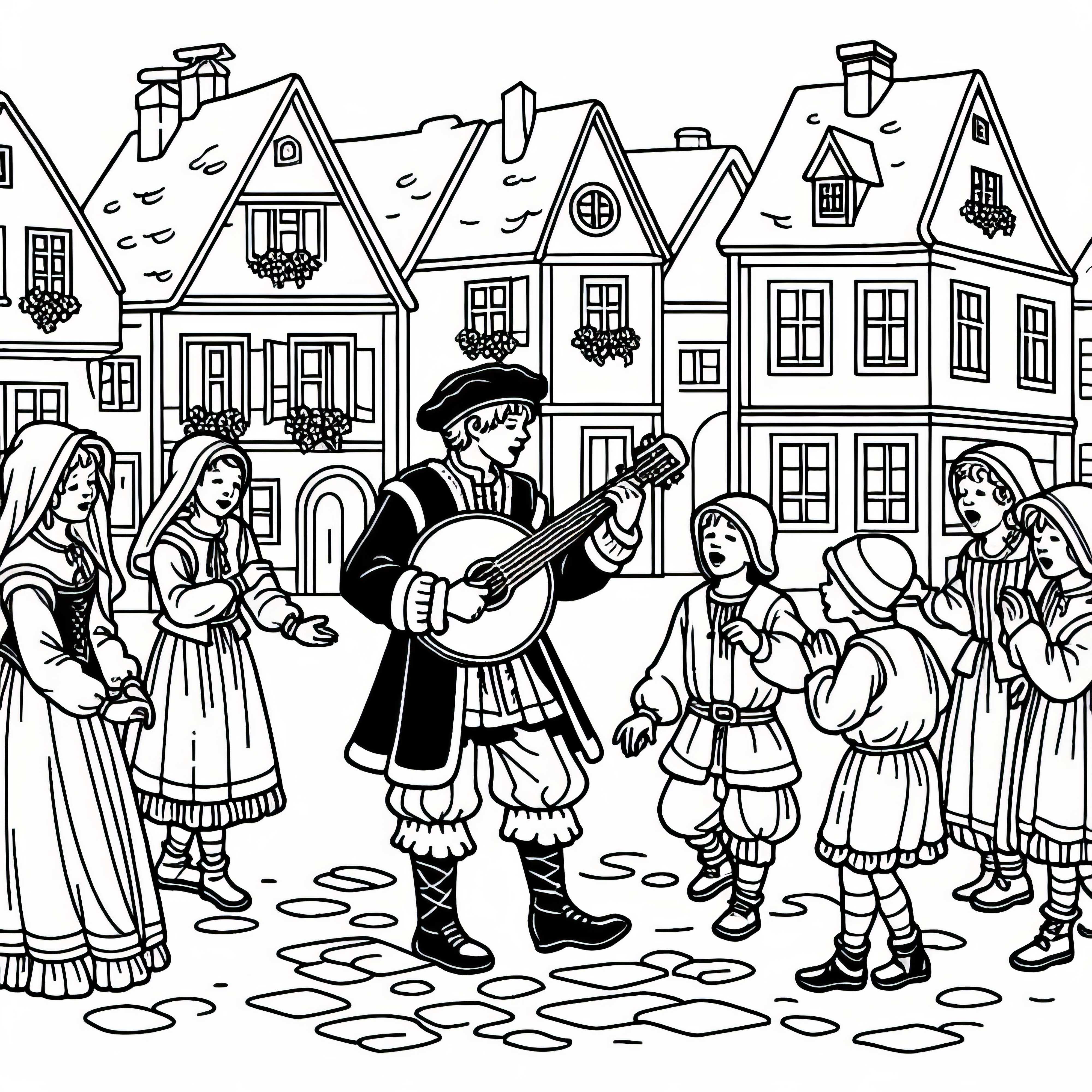 Musikant und Kinder, die tanzen &ndash; Ausmalbild Stadtleben Mittelalter kostenlos