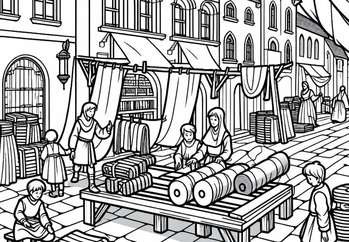Utstilling av stoffballer foran stoffbutikken – Malebilde av bylivet i middelalderen gratis