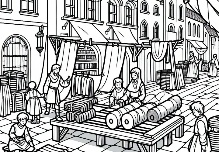 Выставка ткани перед магазином тканей – Раскраска на тему городской жизни в Средние века, бесплатно