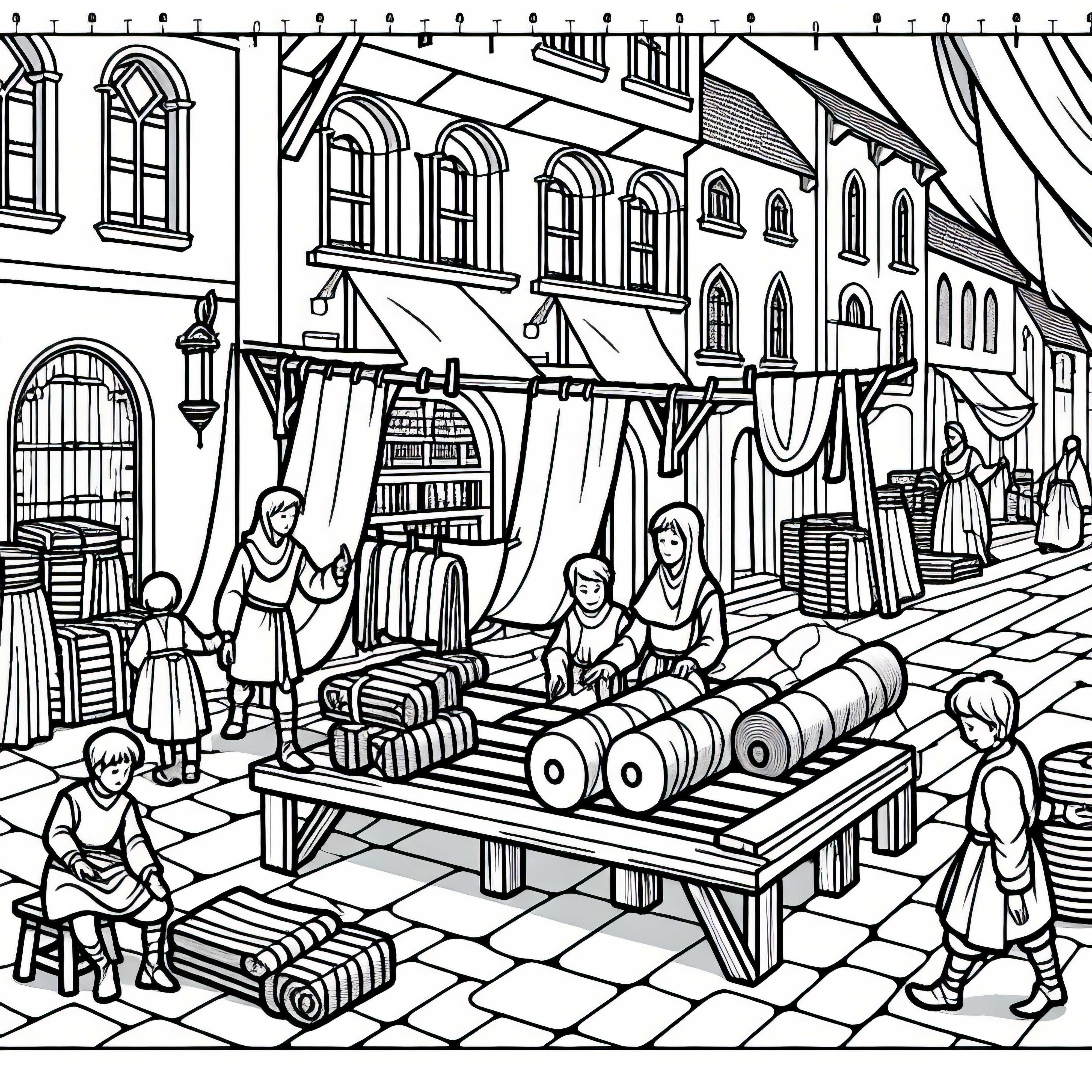 Auslage von Stoffballen vor Tuchladen &ndash; Ausmalbild Stadtleben im Mittelalter kostenlos
