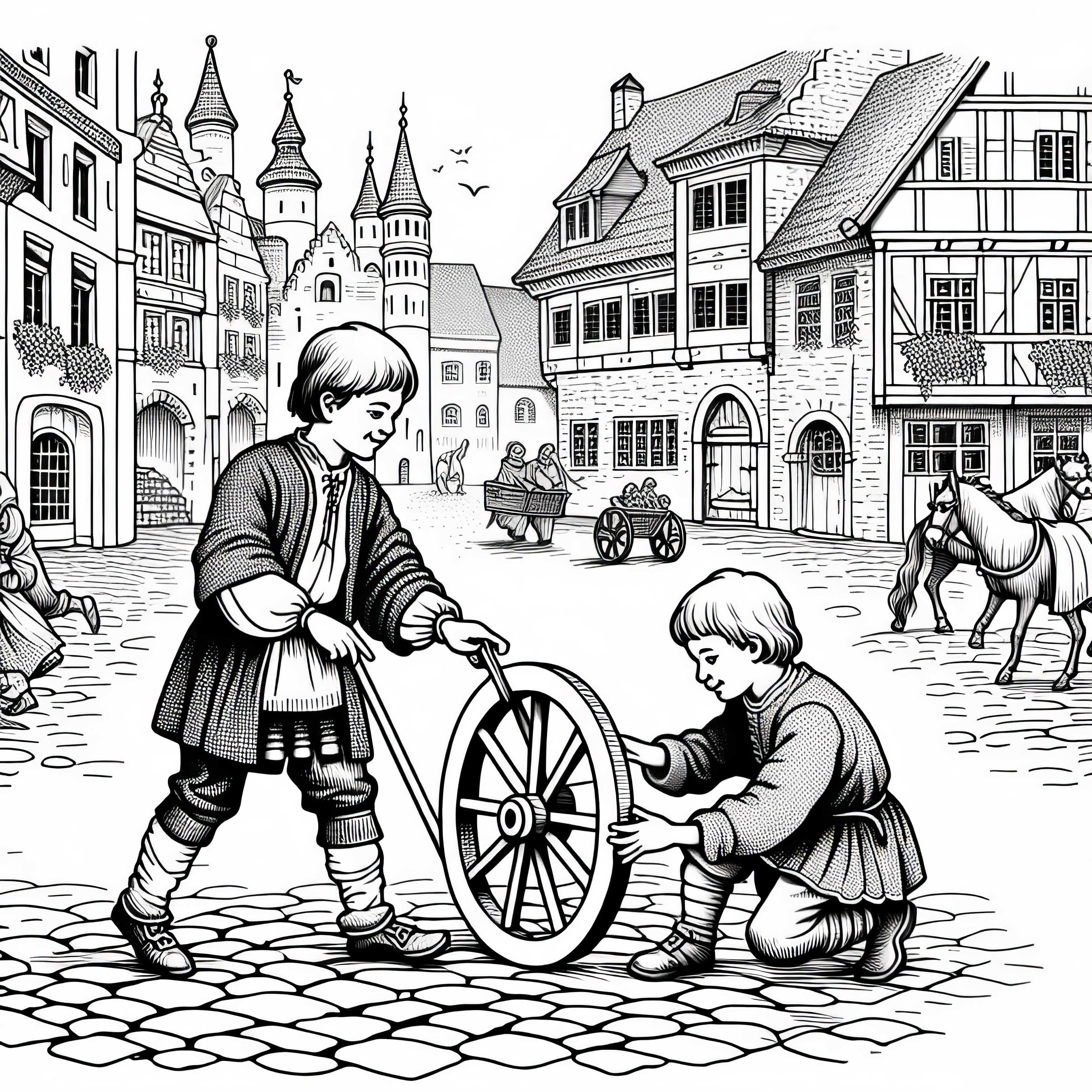 &Ccedil;ocuklar taş d&ouml;şeli yolda ahşap tekerlekle oynuyor &ndash; Orta&ccedil;ağ şehir hayatı i&ccedil;in &uuml;cretsiz boyama sayfası