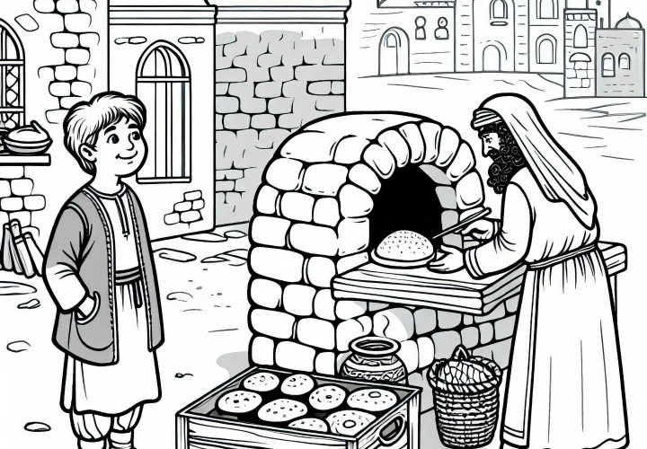 Baker som baker i leirovn - Utfyllingsbilde byliv middelalder
