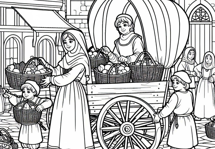 Når du laster kurver på en vogn – Fargelegging av byliv i middelalderen gratis