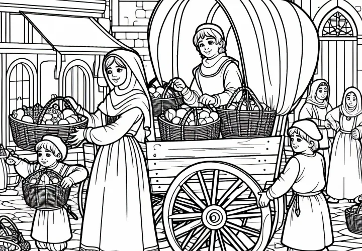 При загрузке корзин на телегу – распечатка раскраски «Городская жизнь в Средние века» бесплатно