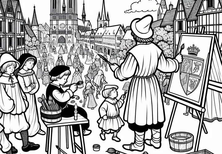 Гербовые художники Раскраска Городская жизнь Средневековье Бесплатно